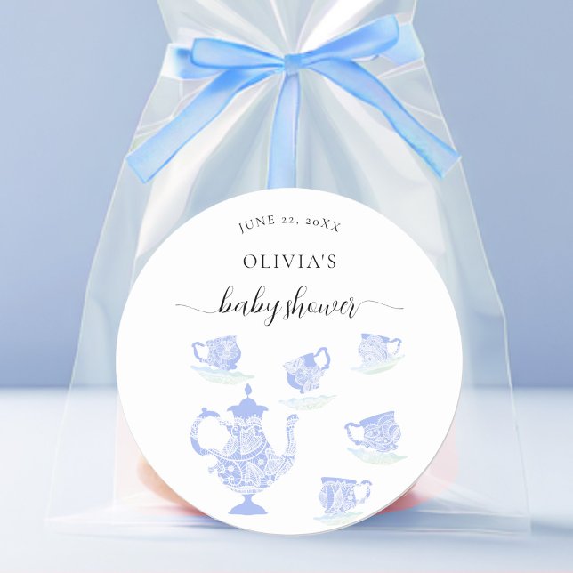 Tea Party Blue China Lace Cute Boy Baby Shower Classic Round Sticker (Creator Uploaded)