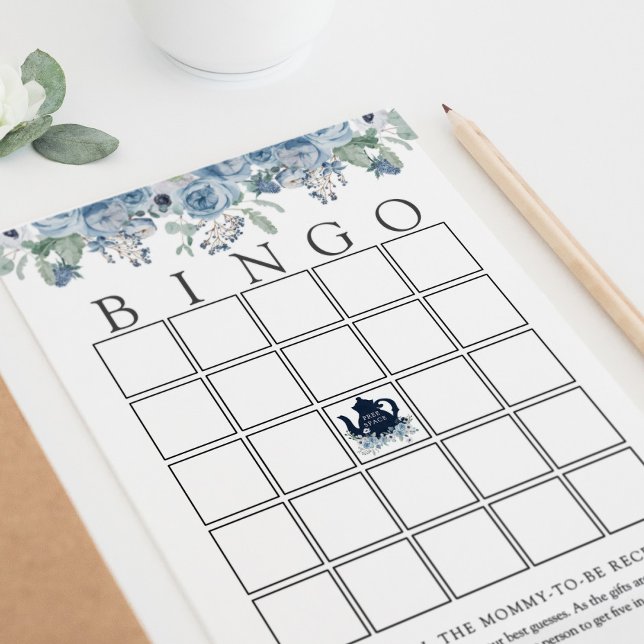 Tea Party Blue Floral Baby Bingo Game Card (Creator Uploaded)