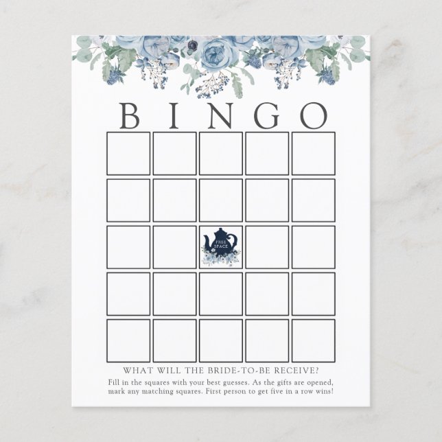 Tea Party Blue Floral Bridal Bingo Game Card (Front)