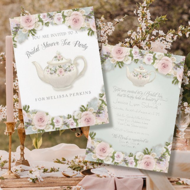 Tea Party Blush Rose Succulent Leaf Bridal Shower Invitation (Creator Uploaded)
