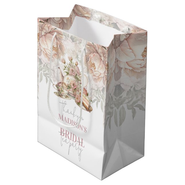 Tea Party Bridal Floral Personalised Medium Gift Bag (Front Angled)