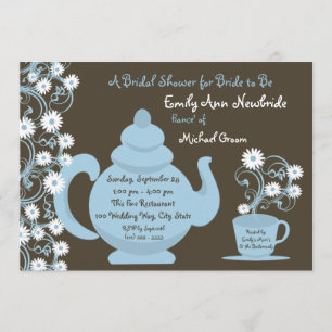 Tea Party Bridal Shower Blue and Brown Invitation