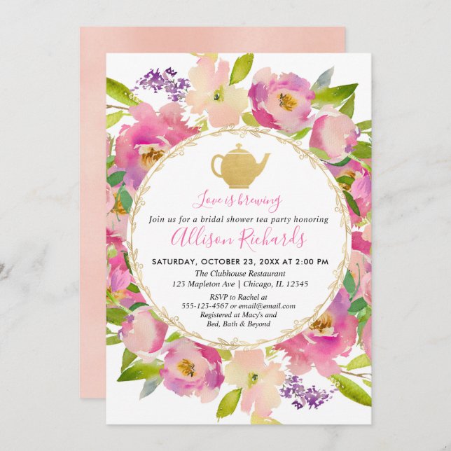 Tea party bridal shower Boho blush pink pastel Invitation (Front/Back)