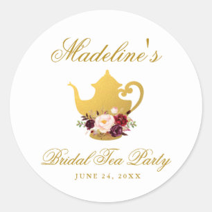 Tea Party Bridal Shower Burgundy Floral Classic Round Sticker