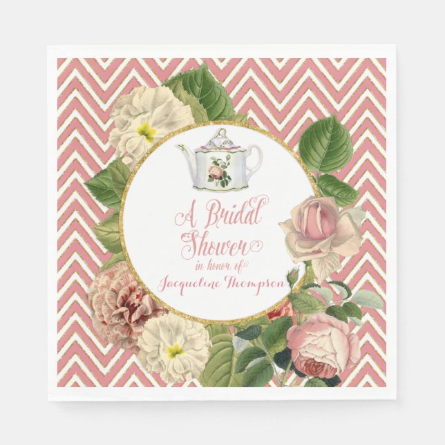 Tea Party Bridal Shower Chevron Stripes Rose Napkin (Front)
