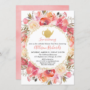Tea party bridal shower coral blush pink gold invitation
