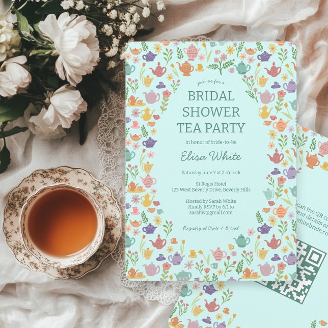 Tea Party Bridal Shower Cute CUSTOM QR Code Invitation (Tea Party Bridal Shower Cute CUSTOM QR Code Invitation
)