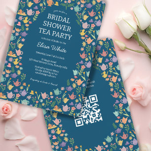 Tea Party Bridal Shower Cute CUSTOM QR Code Invitation