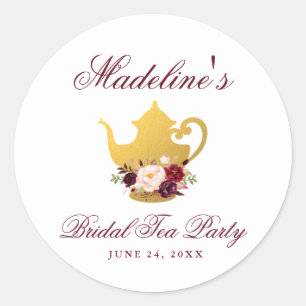 Tea Party Bridal Shower Floral Burgundy Classic Round Sticker