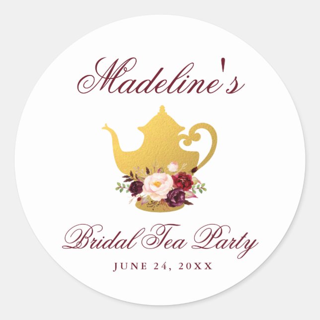 Tea Party Bridal Shower Floral Burgundy Classic Round Sticker (Front)