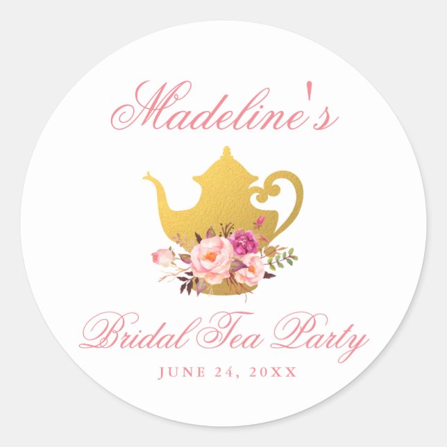 Tea Party Bridal Shower Floral Pink Classic Round Sticker (Front)