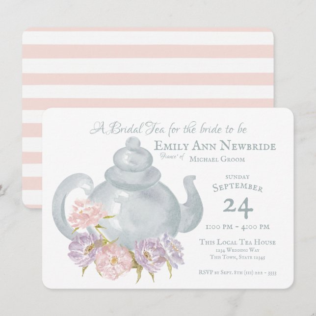 Tea Party Bridal Shower Floral Tea pot Invitation (Front/Back)