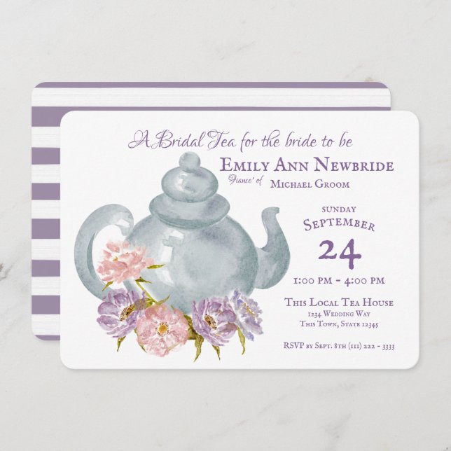 Tea Party Bridal Shower Floral Tea pot Invitation (Front/Back)