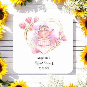 Tea Party Bridal Shower Pink White Floral Square Paper Coaster