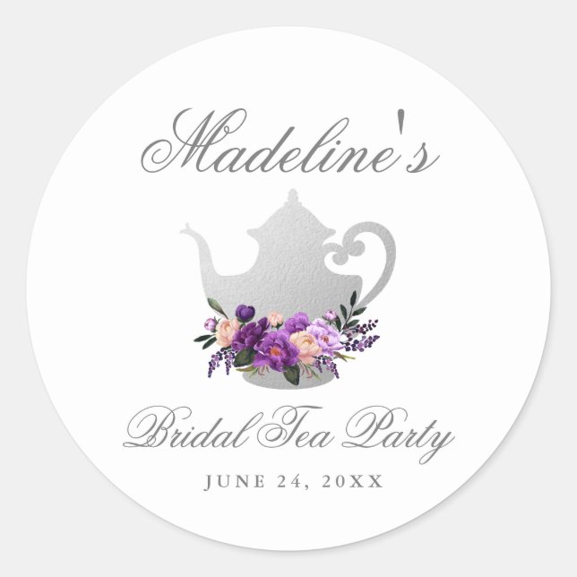 Tea Party Bridal Shower Purple Violet Classic Round Sticker (Front)