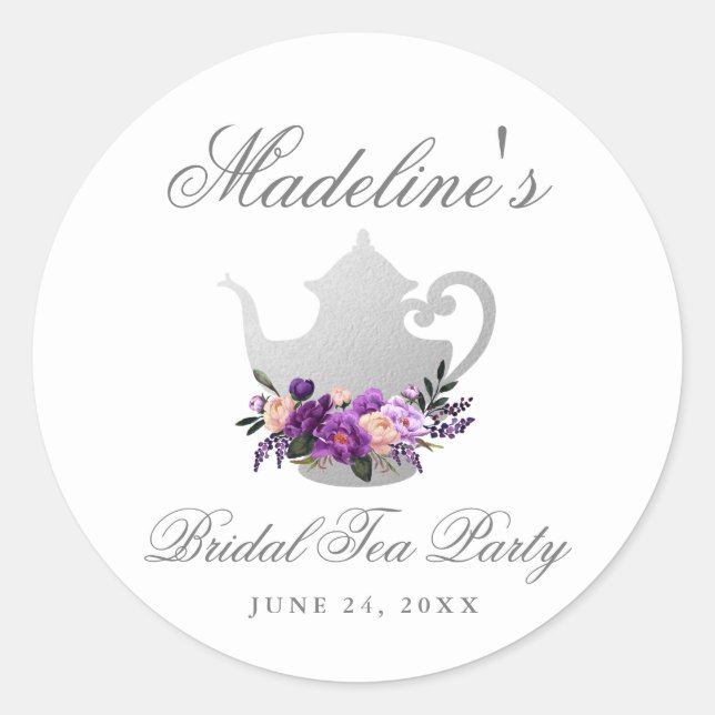 Tea Party Bridal Shower Purple Violet Small Classic Round Sticker (Front)