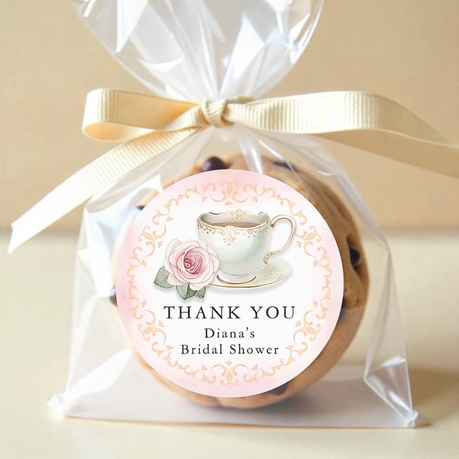 Tea Party Bridal Shower Thank Pink Floral Classic Round Sticker (Thank You Tea Party Favor Sticker)