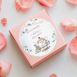 Tea party bridal shower thank you favour classic round sticker<br><div class="desc">Tea party bridal shower thank you favour sticker blue purple watercolor floral tea party with a bird.</div>