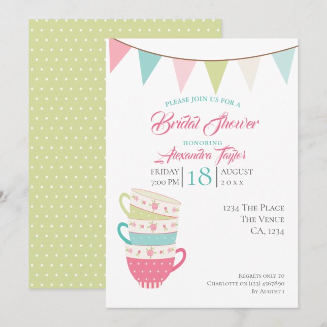 Tea Party Bridal Wedding Shower Personalised Invitation (Front/Back)