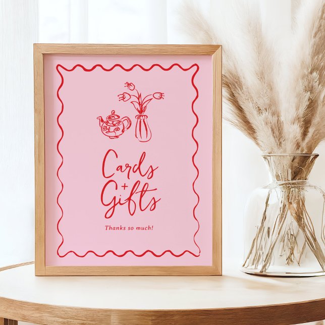 Tea Party Cards & Gifts Sign with Whimsical Sketch (cards and gifts table sign in pink with hand drawn doodle tea pot and vase)