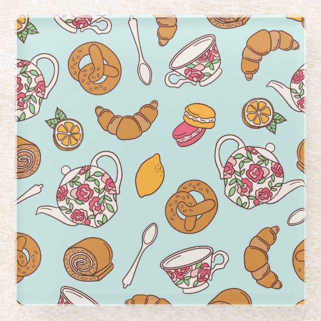 Tea Party, Confectionery Seamless Background. Glass Coaster (Front)