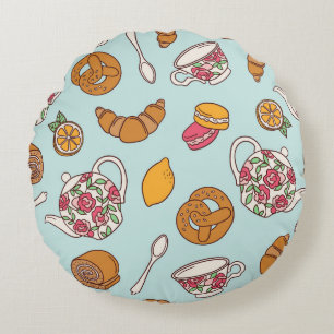 Tea Party, Confectionery Seamless Background. Round Cushion