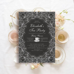 Tea Party Elegant Lace Black White Baby Shower Invitation
