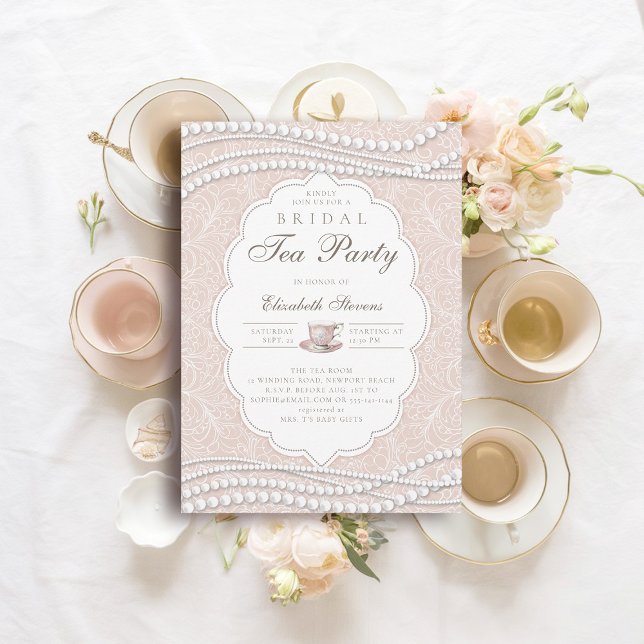 Tea Party Elegant Lace Pearls Peach Bridal Shower Invitation (bridal tea shower party invitation lace pearls peach pink elegant modern classic chic)