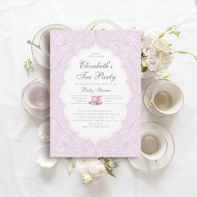 Tea Party Elegant Lace Purple Girl Baby Shower Invitation (girl baby tea party shower invitation elegant frame modern classic lace purple pink brewing)
