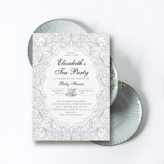 Tea Party Elegant Modern BW Lace Frame Baby Shower Invitation (baby tea party shower invitation elegant frame modern classic chic lace black white)