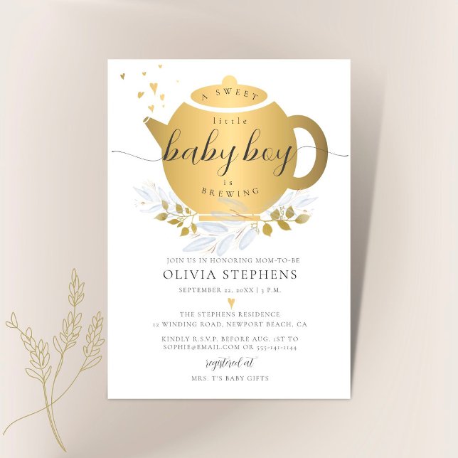 Tea Party Elegant Modern Gold Greenery Baby Shower Invitation (Creator Uploaded)
