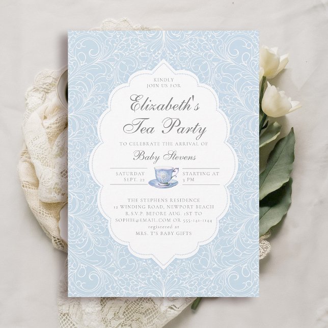 Tea Party Elegant Modern Lace Blue Boy Baby Shower Invitation (boy baby tea party shower invitation elegant frame modern classic lace blue brewing)