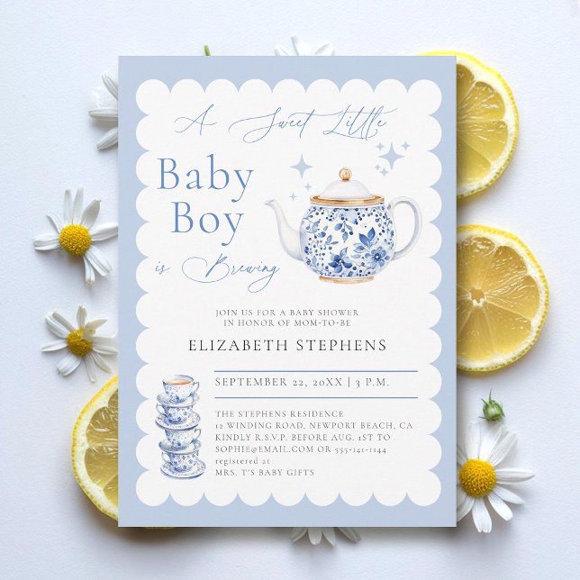 Tea Party Elegant Modern Sweet Baby Boy Shower Invitation (boy baby tea party shower invitation elegant frame modern calligraphy sweet watercolor)