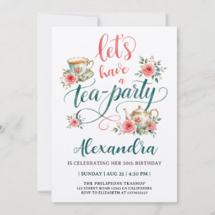 Tea Party Elegant Red Green Teacup Floral Script Invitation