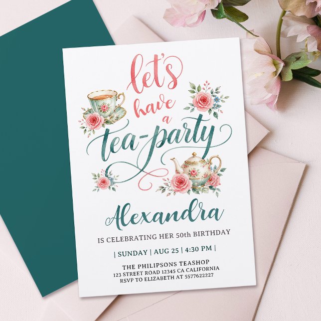 Tea Party Elegant Red Green Teacup Floral Script Invitation (Creator Uploaded)