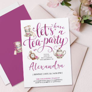 Tea Party Elegant Teacup Floral Pink Calligraphy Invitation