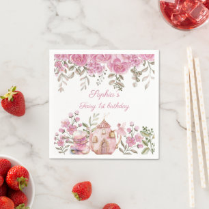 Tea Party Fairy Girl Blush Pink Flowers Birthday Napkin