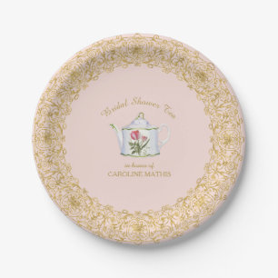 Tea Party Floral Pink Gold Glitter Bridal Shower Paper Plate