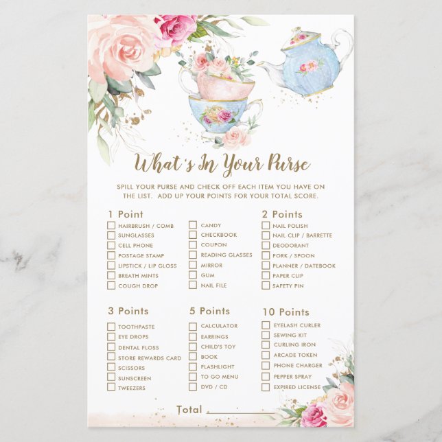 Tea Party Floral Shower What's In Your Purse Game (Front)