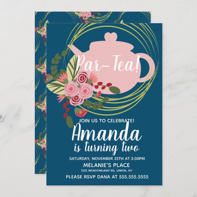 Tea Party Floral Wreath Whimisical Pink Red Blue Invitation (Front/Back)