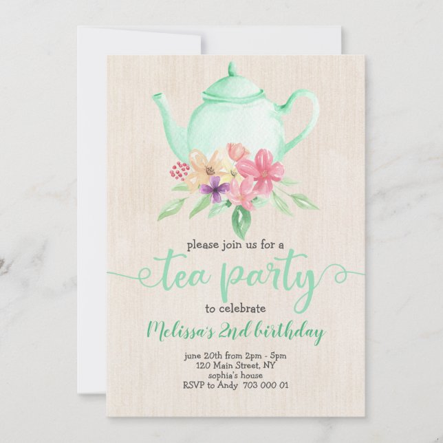 Tea Party Girl Birthday Mint Teal Watercolor Invitation (Front)
