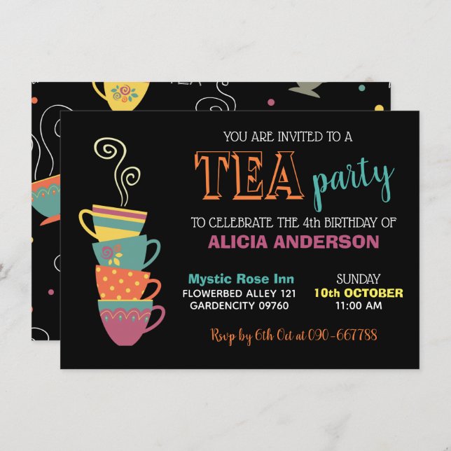 Tea Party Girl's Birthday hot cups colourful Invitation (Front/Back)