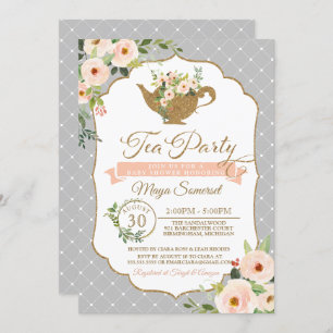 Tea Party Grey Pink & Blush Floral Baby Shower Invitation