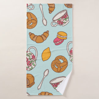 Tea party hand drawn seamless pattern. Colourful b Bath Towel