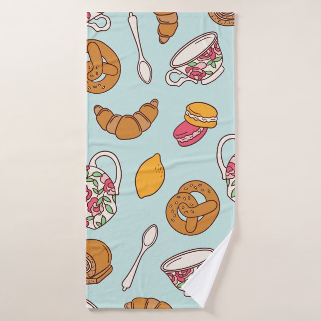 Tea party hand drawn seamless pattern. Colourful b Bath Towel (Bath Towel)