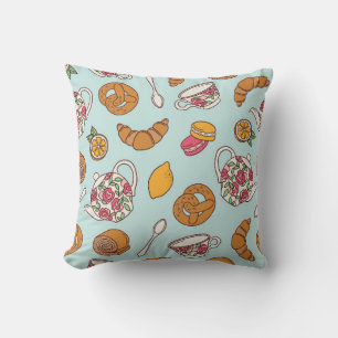 Tea party hand drawn seamless pattern. Colourful b Cushion