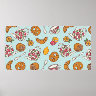 Tea party hand drawn seamless pattern. Colourful b Poster