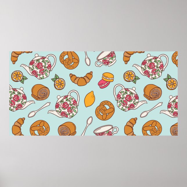 Tea party hand drawn seamless pattern. Colourful b Poster (Front)