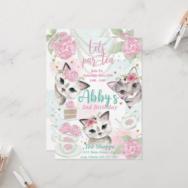 Tea Party Invitation, Let's Par-ty Invite  (Front/Back In Situ)