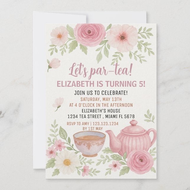 Tea Party Invitation with Floral and Teacup Design (Front)